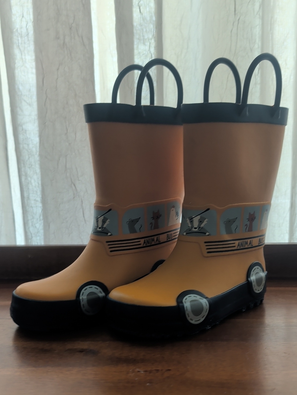 Kids Yellow Animal Bus Rain Boots with Navy Trim